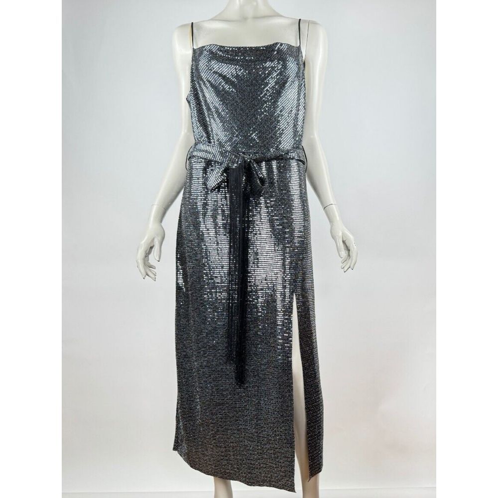 ZARA Sequin Slip Dress Women M NWT Stretch Sleeveless Fringe belt Front Slit